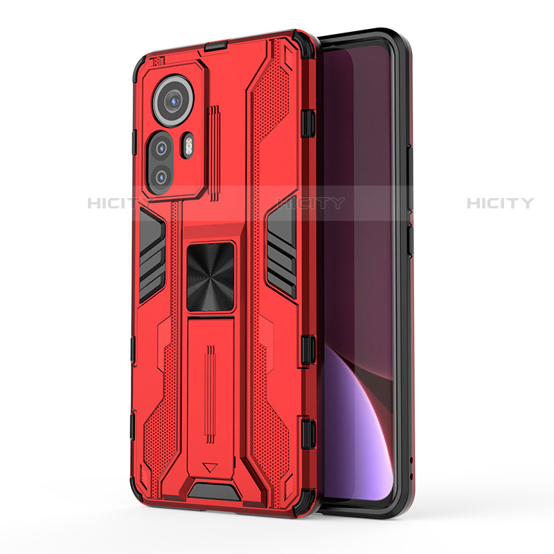 Funda Bumper Silicona y Plastico Mate Carcasa con Magnetico Soporte A02 para Xiaomi Mi 12 Pro 5G Rojo