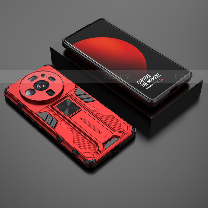 Funda Bumper Silicona y Plastico Mate Carcasa con Magnetico Soporte A02 para Xiaomi Mi 12 Ultra 5G Rojo