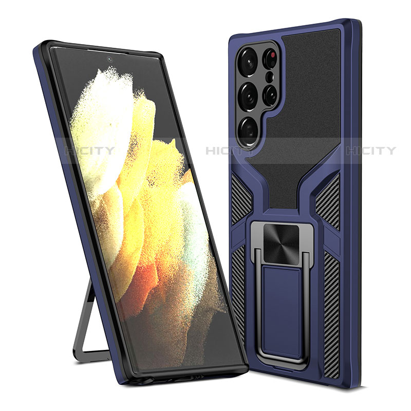 Funda Bumper Silicona y Plastico Mate Carcasa con Magnetico Soporte A05 para Samsung Galaxy S22 Ultra 5G Azul