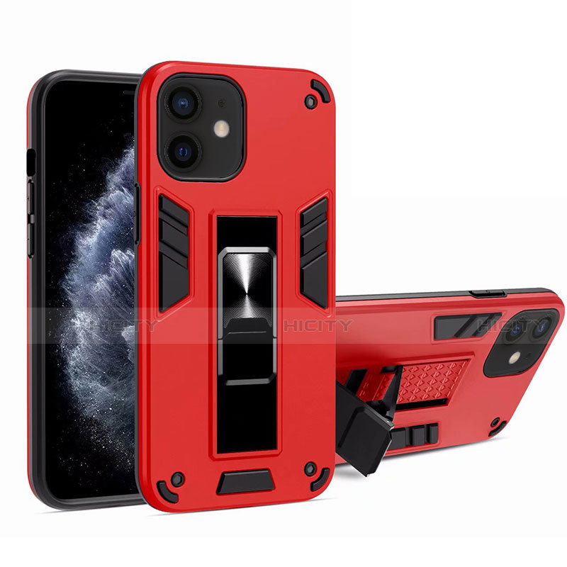 Funda Bumper Silicona y Plastico Mate Carcasa con Magnetico Soporte H01 para Apple iPhone 12 Mini Rojo