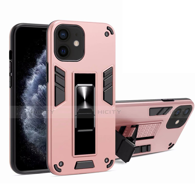 Funda Bumper Silicona y Plastico Mate Carcasa con Magnetico Soporte H01 para Apple iPhone 12 Mini Rosa