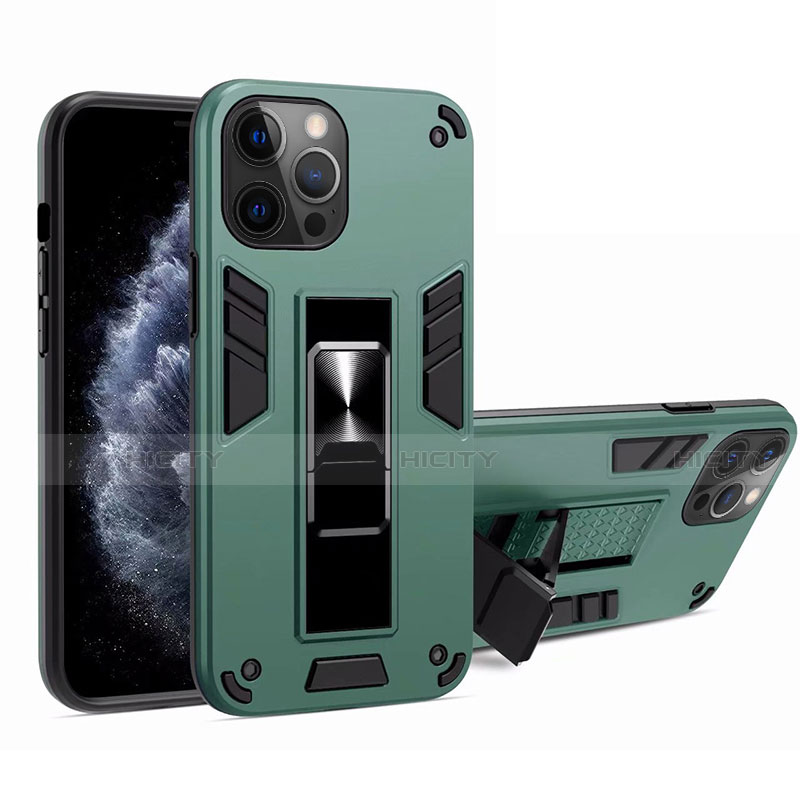Funda Bumper Silicona y Plastico Mate Carcasa con Magnetico Soporte H01 para Apple iPhone 12 Pro Max Verde