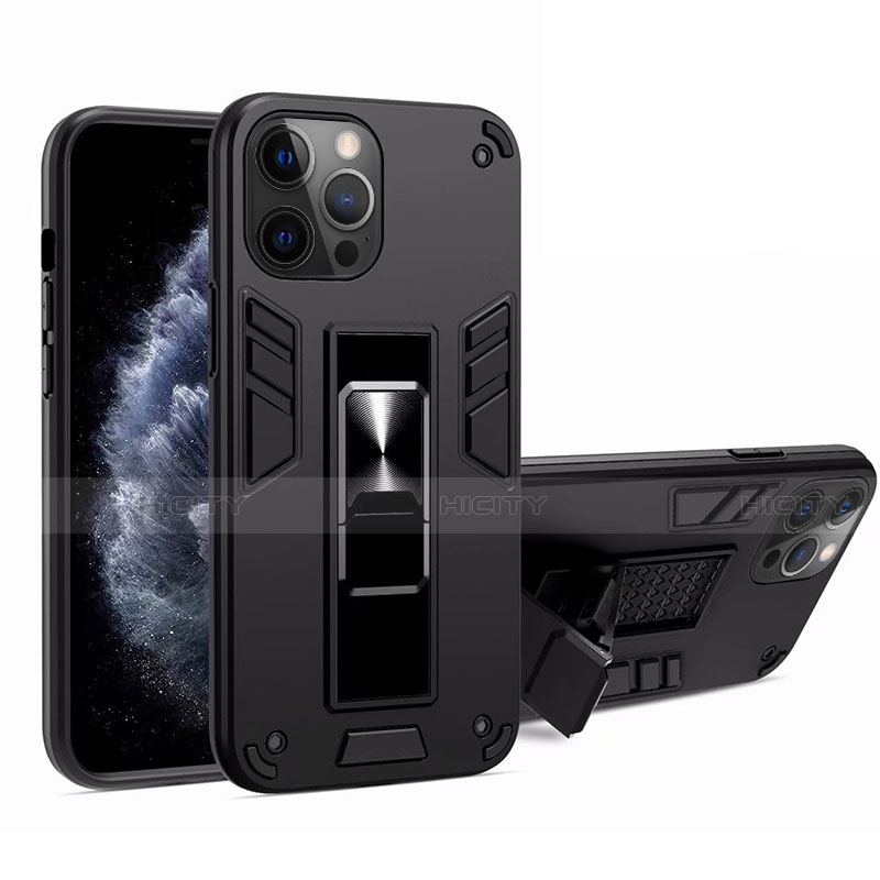 Funda Bumper Silicona y Plastico Mate Carcasa con Magnetico Soporte H01 para Apple iPhone 12 Pro Negro