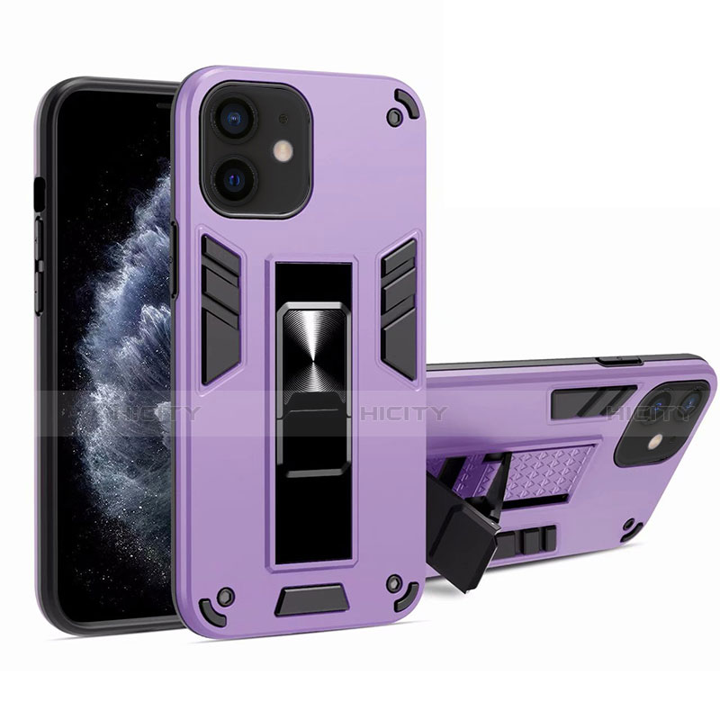 Funda Bumper Silicona y Plastico Mate Carcasa con Magnetico Soporte H01 para Apple iPhone 12 Purpura Claro