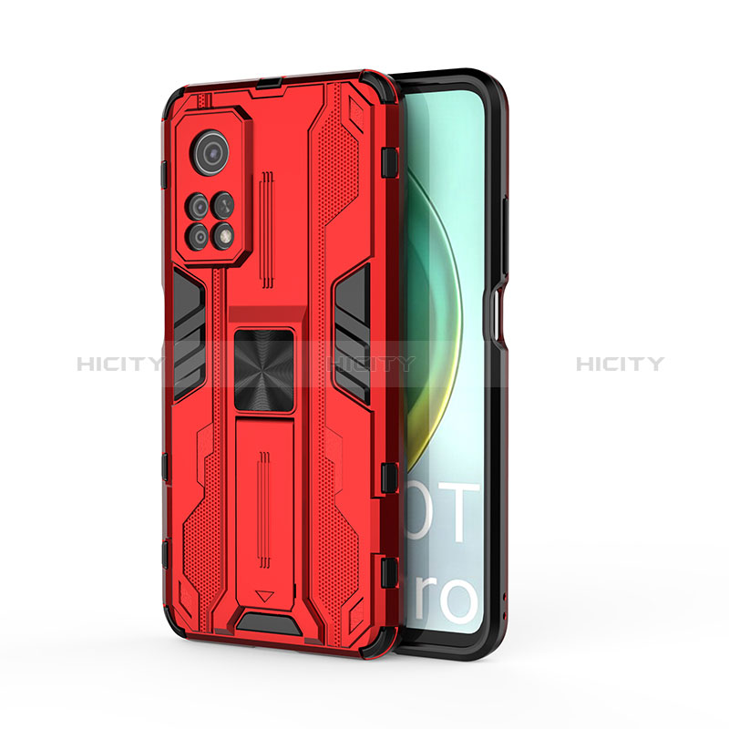 Funda Bumper Silicona y Plastico Mate Carcasa con Magnetico Soporte KC1 para Xiaomi Mi 10T 5G Rojo