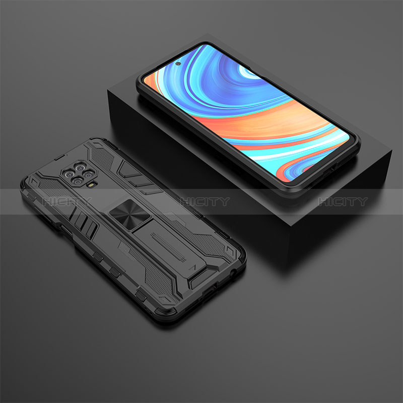 Funda Bumper Silicona y Plastico Mate Carcasa con Magnetico Soporte KC1 para Xiaomi Redmi Note 9 Pro Negro