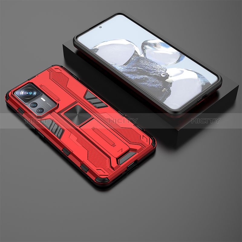 Funda Bumper Silicona y Plastico Mate Carcasa con Magnetico Soporte KC2 para Xiaomi Mi 12T 5G Rojo