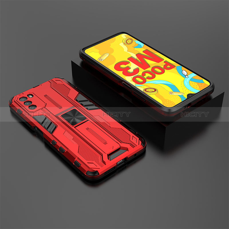 Funda Bumper Silicona y Plastico Mate Carcasa con Magnetico Soporte KC2 para Xiaomi Poco M3 Rojo
