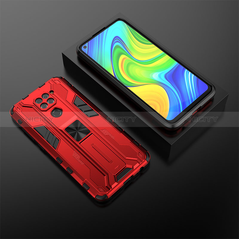 Funda Bumper Silicona y Plastico Mate Carcasa con Magnetico Soporte KC2 para Xiaomi Redmi Note 9 Rojo