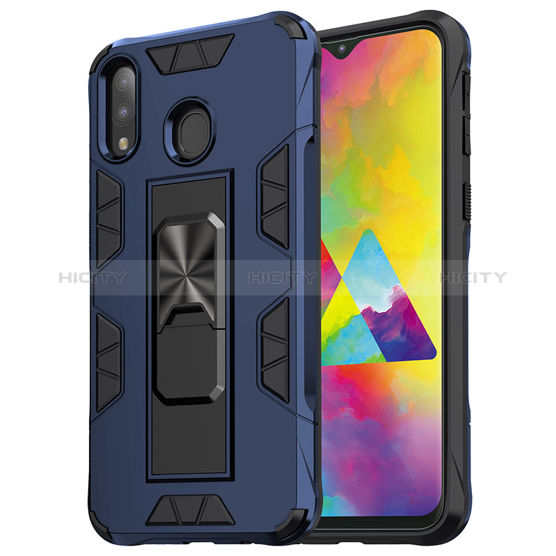 Funda Bumper Silicona y Plastico Mate Carcasa con Magnetico Soporte MQ1 para Samsung Galaxy M20 Azul