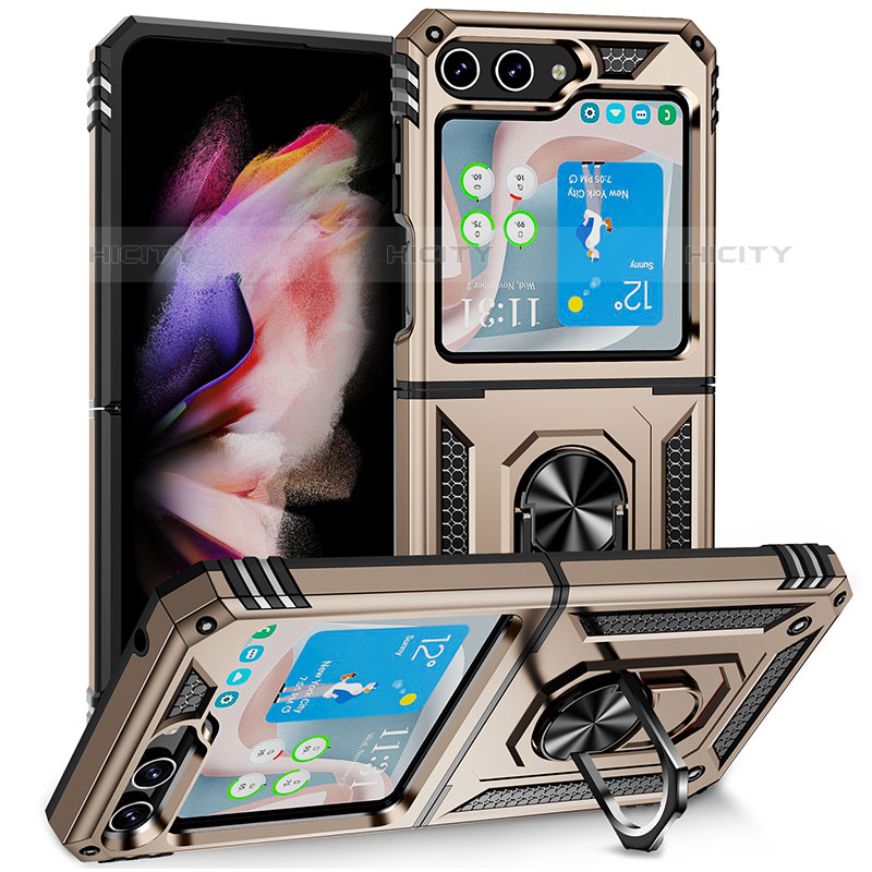 Funda Bumper Silicona y Plastico Mate Carcasa con Magnetico Soporte MQ2 para Samsung Galaxy Z Flip5 5G Oro