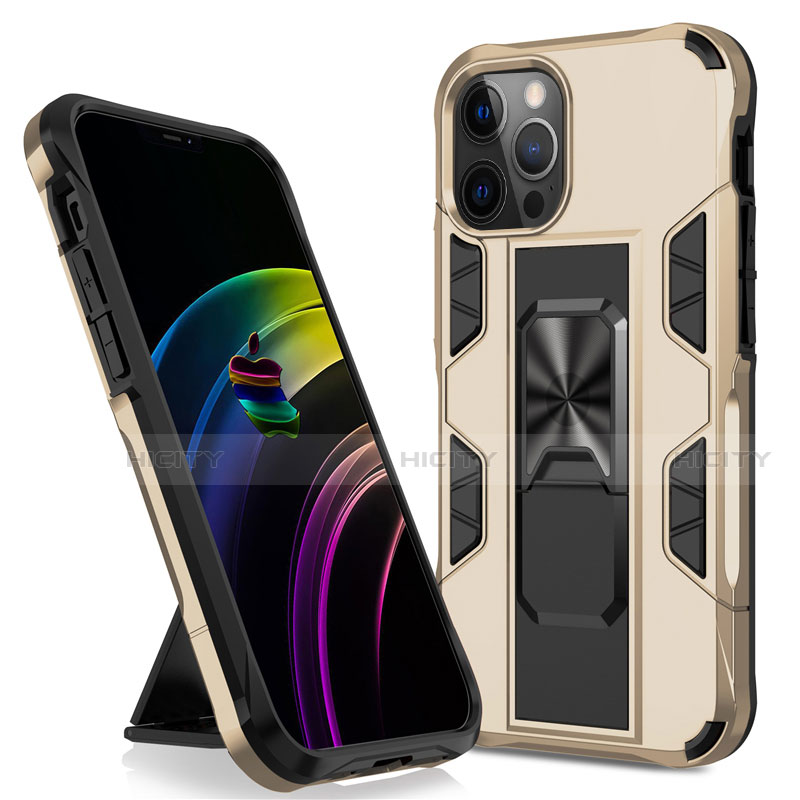 Funda Bumper Silicona y Plastico Mate Carcasa con Magnetico Soporte para Apple iPhone 12 Pro Oro