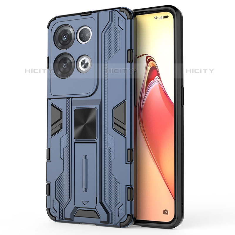 Funda Bumper Silicona y Plastico Mate Carcasa con Magnetico Soporte para Oppo Reno8 Pro 5G Azul