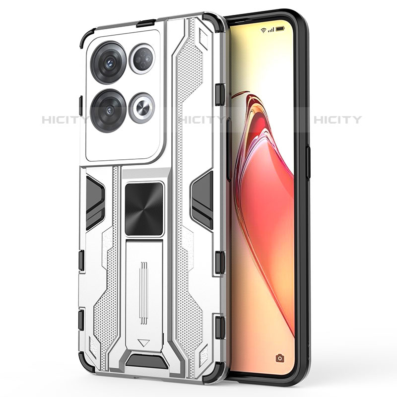 Funda Bumper Silicona y Plastico Mate Carcasa con Magnetico Soporte para Oppo Reno8 Pro+ Plus 5G Blanco