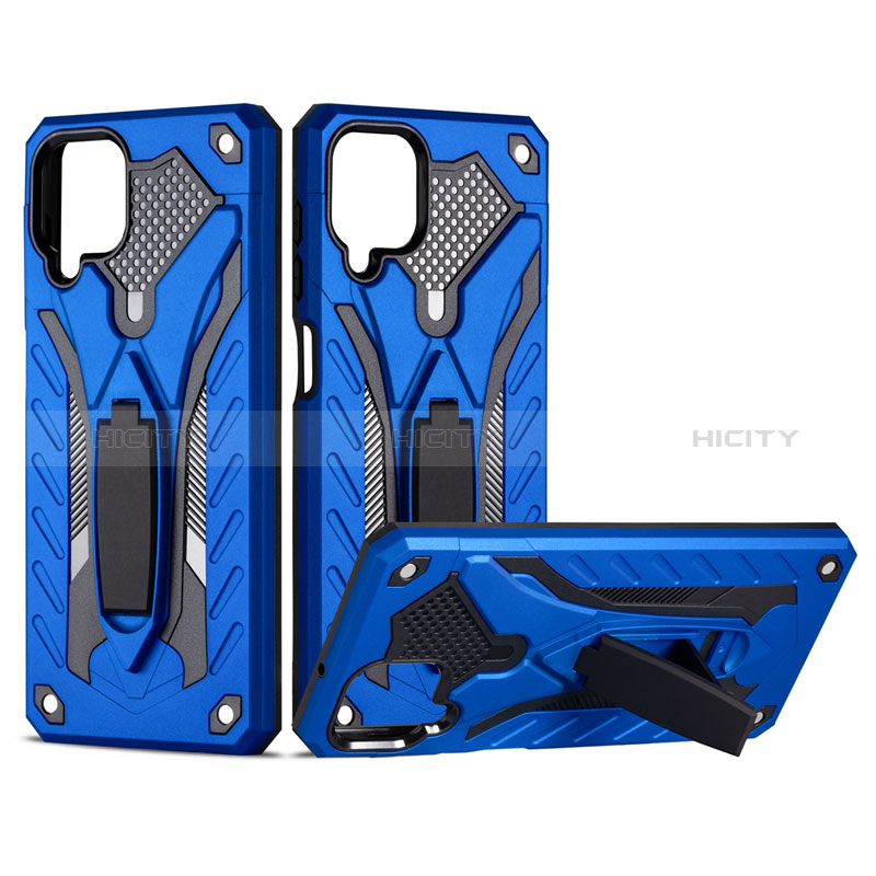 Funda Bumper Silicona y Plastico Mate Carcasa con Magnetico Soporte para Samsung Galaxy A12 Nacho Azul