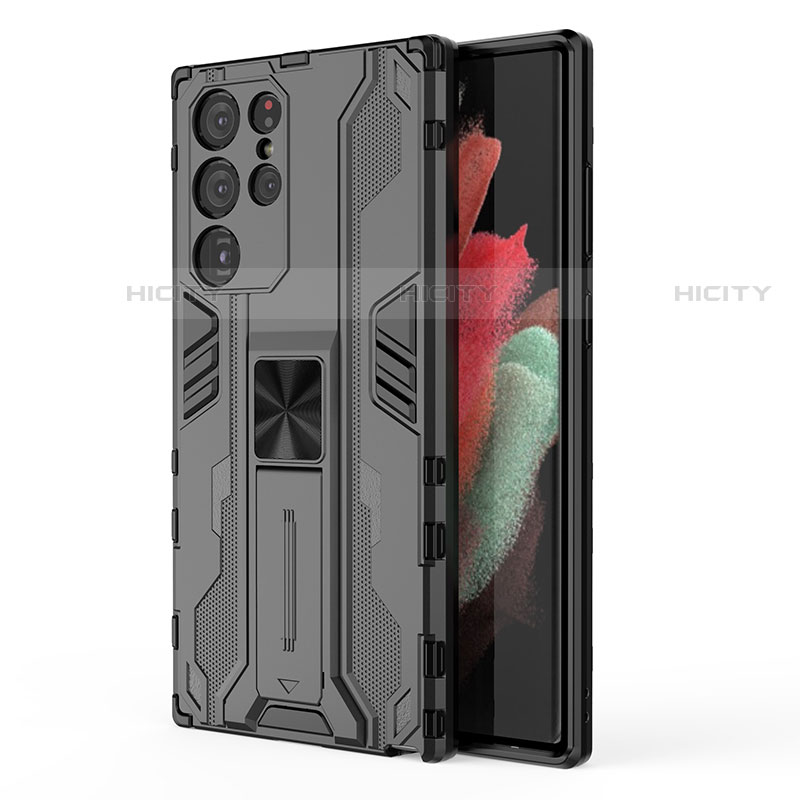 Funda Bumper Silicona y Plastico Mate Carcasa con Magnetico Soporte para Samsung Galaxy S21 Ultra 5G Negro