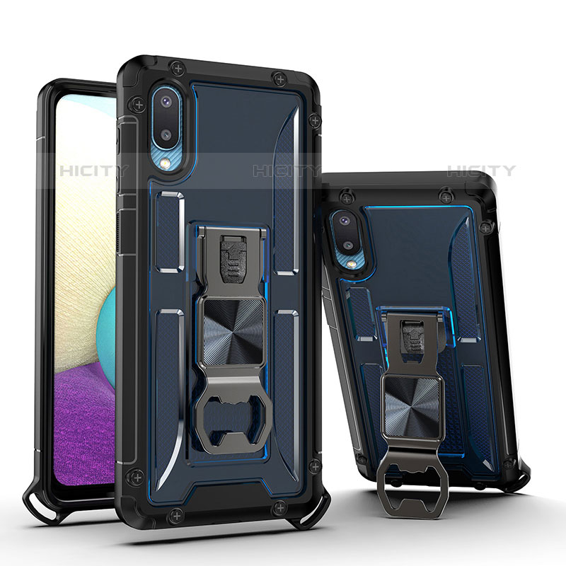 Funda Bumper Silicona y Plastico Mate Carcasa con Magnetico Soporte QW1 para Samsung Galaxy M02 Azul