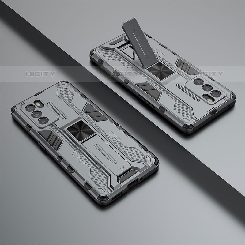 Funda Bumper Silicona y Plastico Mate Carcasa con Magnetico Soporte T01 para Oppo Reno6 Pro 5G India Gris