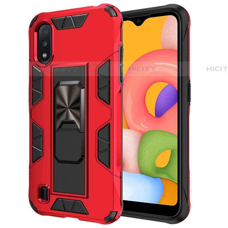 Funda Bumper Silicona y Plastico Mate Carcasa con Magnetico Soporte T01 para Samsung Galaxy A01 SM-A015 Rojo