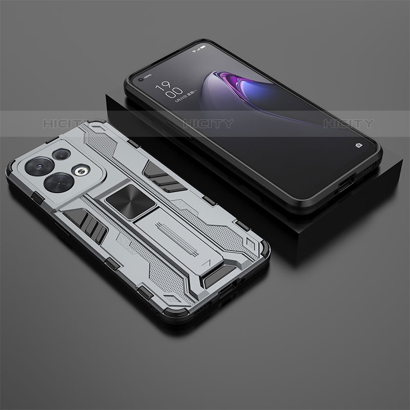 Funda Bumper Silicona y Plastico Mate Carcasa con Magnetico Soporte T02 para Oppo Reno9 5G Gris