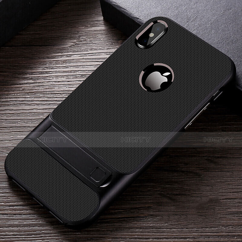 Funda Bumper Silicona y Plastico Mate Carcasa con Soporte A01 para Apple iPhone X Negro
