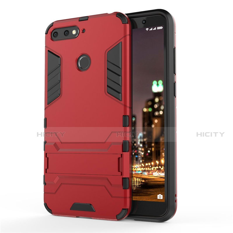 Funda Bumper Silicona y Plastico Mate Carcasa con Soporte A01 para Huawei Honor 7A Rojo