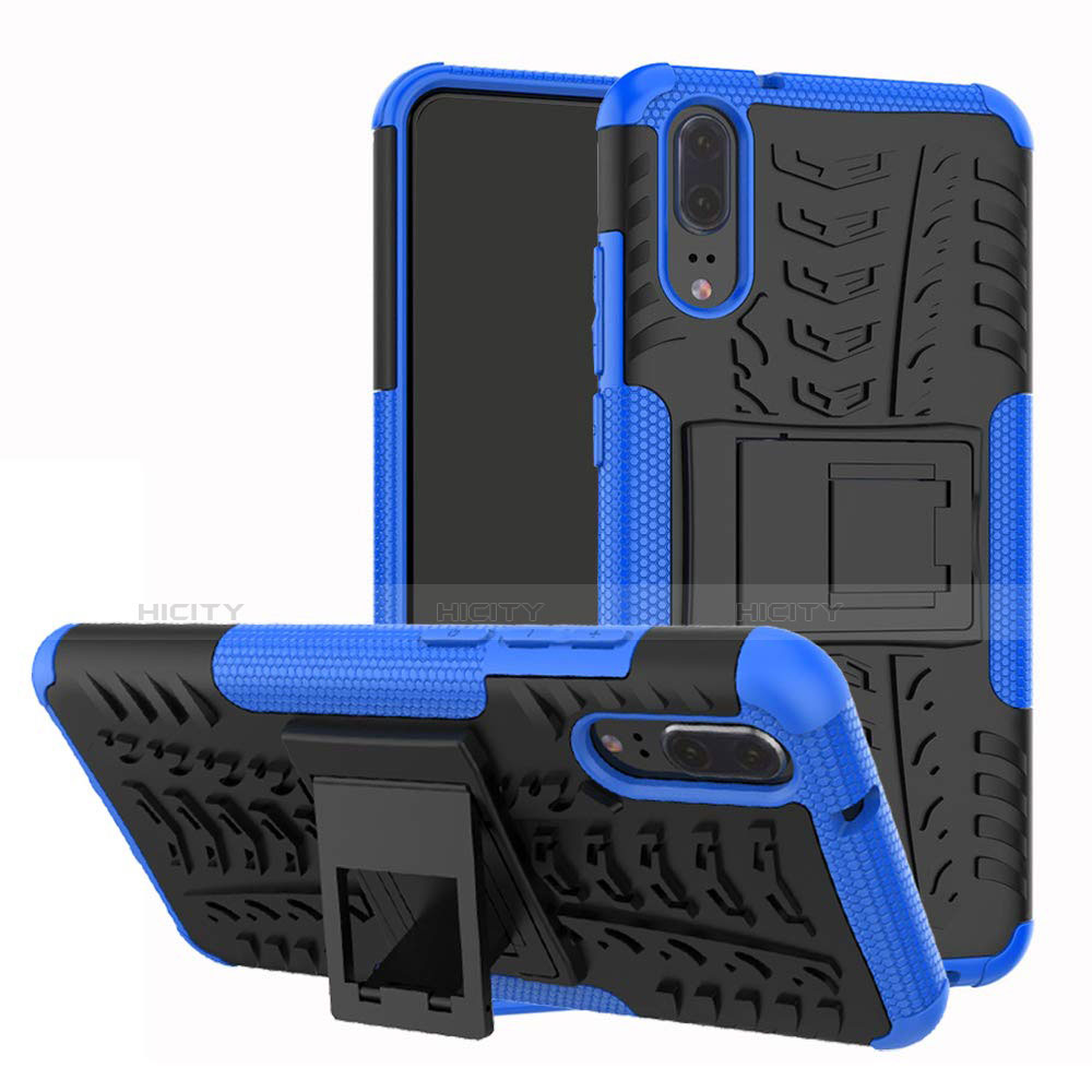 Funda Bumper Silicona y Plastico Mate Carcasa con Soporte A01 para Huawei P20 Azul