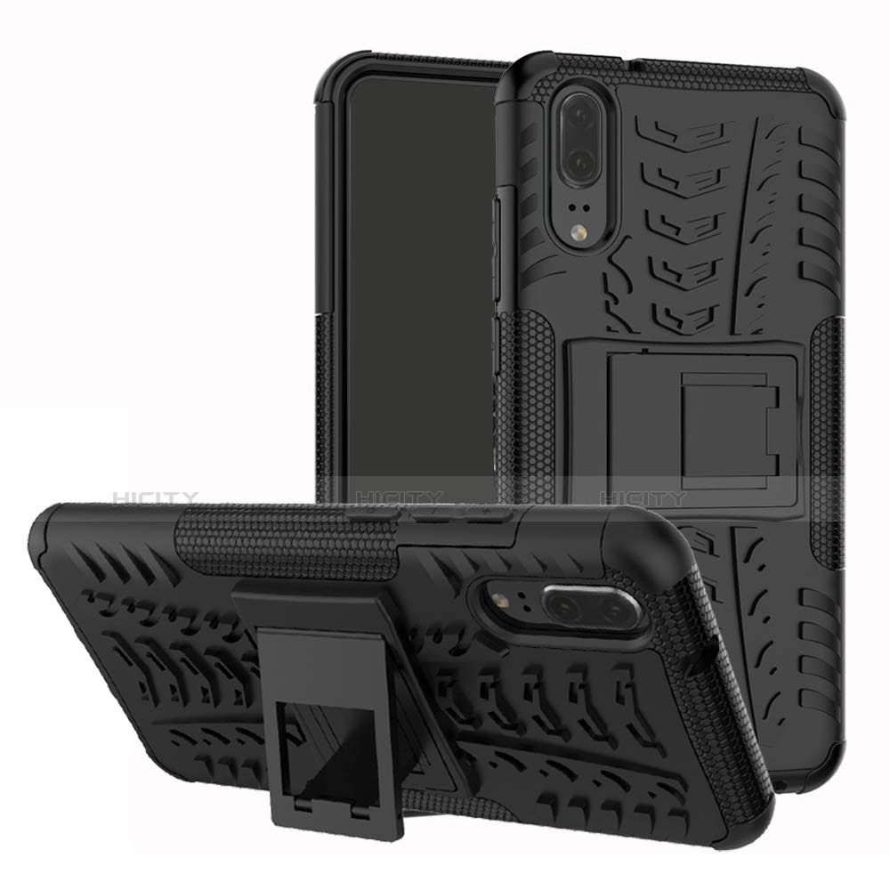 Funda Bumper Silicona y Plastico Mate Carcasa con Soporte A01 para Huawei P20 Negro