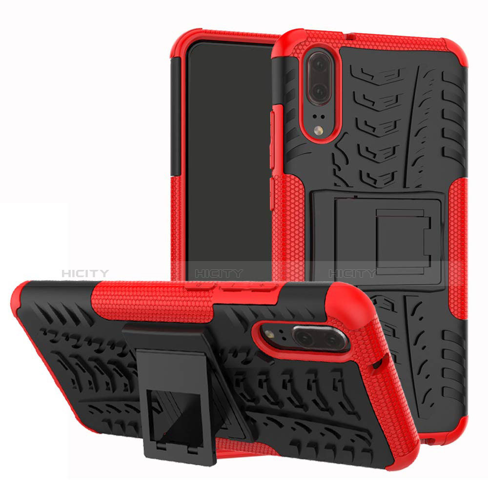 Funda Bumper Silicona y Plastico Mate Carcasa con Soporte A01 para Huawei P20 Rojo