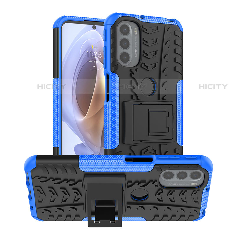 Funda Bumper Silicona y Plastico Mate Carcasa con Soporte A01 para Motorola Moto G31 Azul