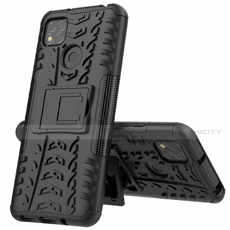 Funda Bumper Silicona y Plastico Mate Carcasa con Soporte A01 para Xiaomi Redmi 9 India Negro