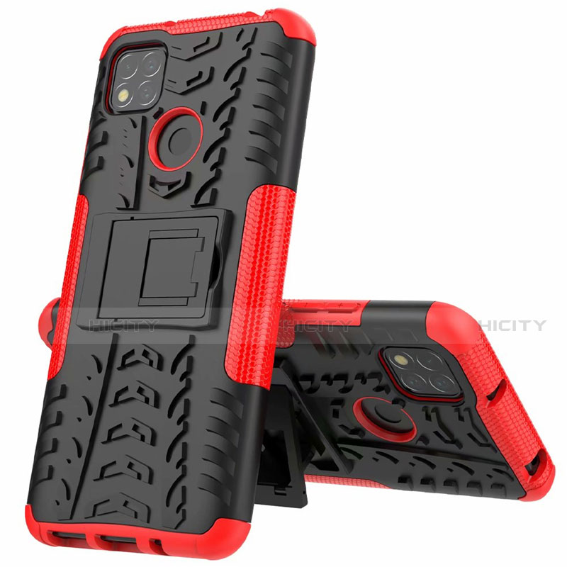 Funda Bumper Silicona y Plastico Mate Carcasa con Soporte A01 para Xiaomi Redmi 9 India Rojo