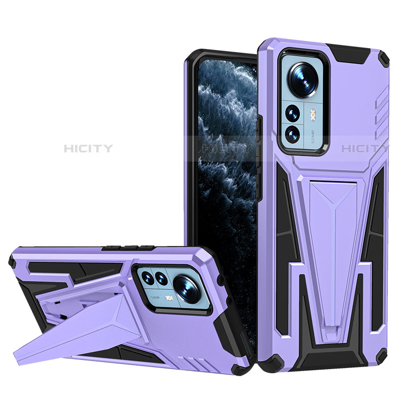 Funda Bumper Silicona y Plastico Mate Carcasa con Soporte A02 para Xiaomi Mi 12S Pro 5G Morado