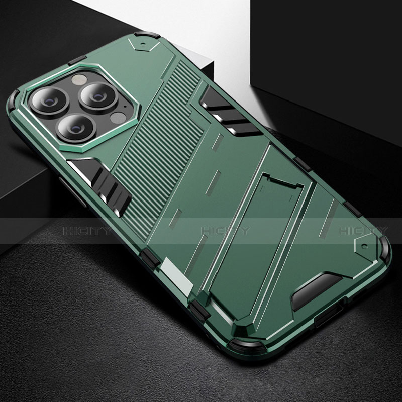 Funda Bumper Silicona y Plastico Mate Carcasa con Soporte A05 para Apple iPhone 13 Pro Max Verde