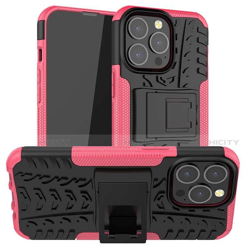 Funda Bumper Silicona y Plastico Mate Carcasa con Soporte A07 para Apple iPhone 13 Pro Max Rosa Roja