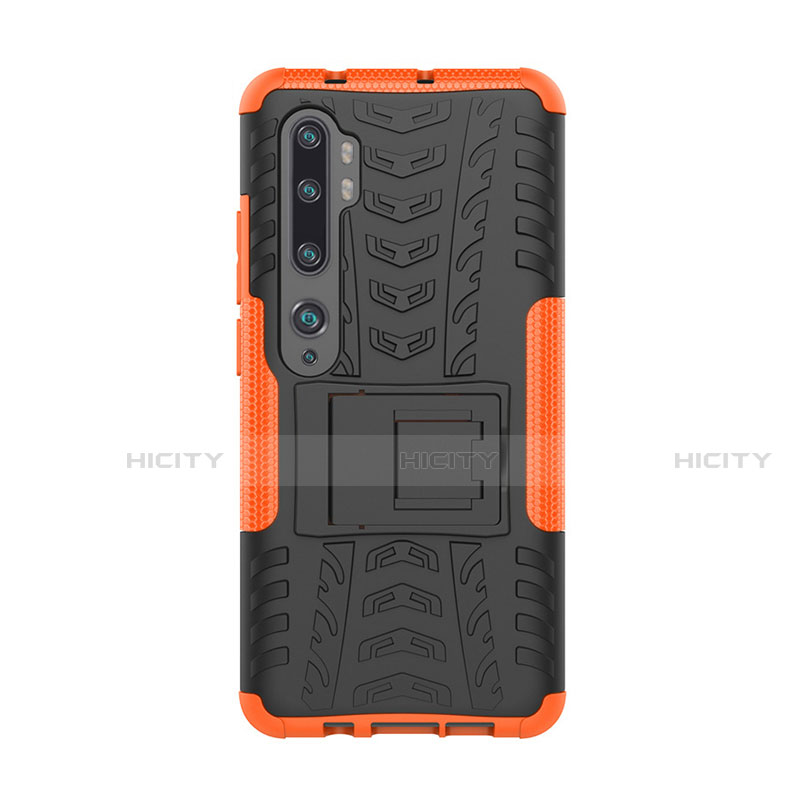 Funda Bumper Silicona y Plastico Mate Carcasa con Soporte D01 para Xiaomi Mi Note 10 Naranja