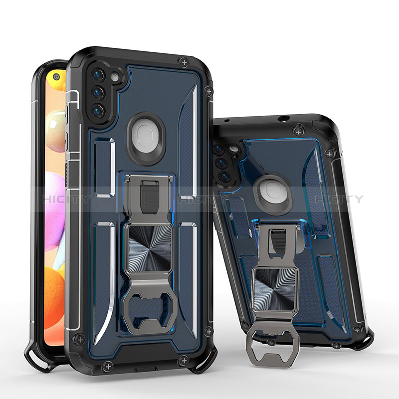 Funda Bumper Silicona y Plastico Mate Carcasa con Soporte H01 para Samsung Galaxy A11 Azul