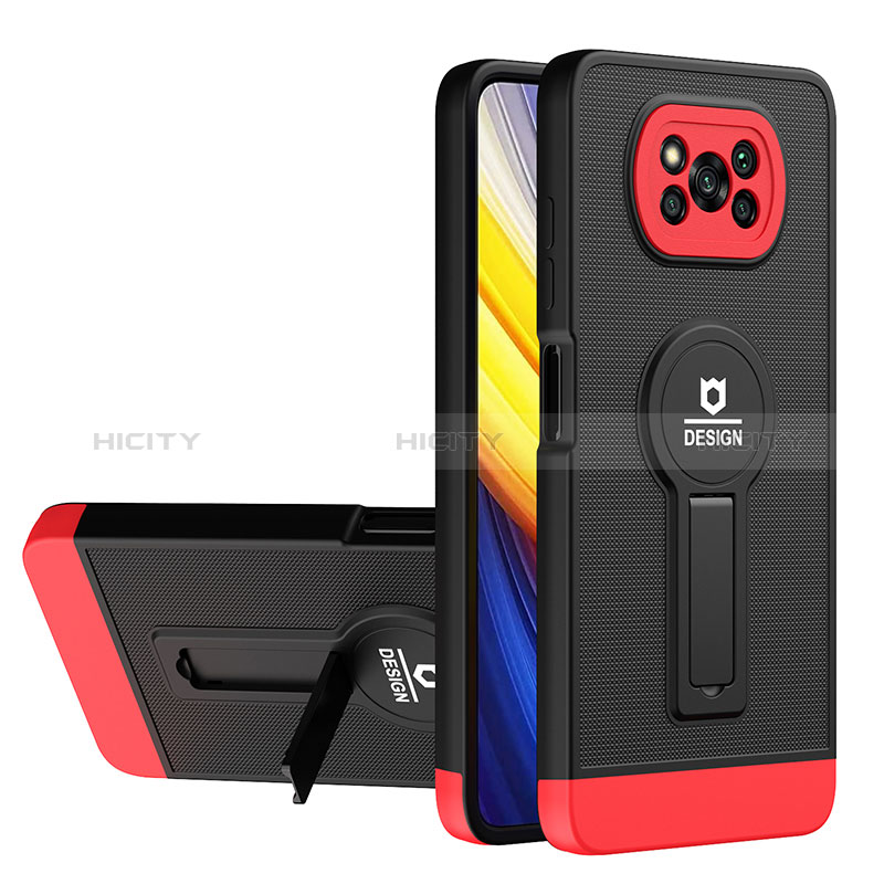 Funda Bumper Silicona y Plastico Mate Carcasa con Soporte H01P para Xiaomi Poco X3 NFC Rojo y Negro