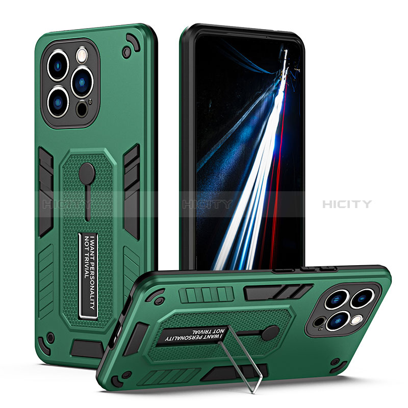 Funda Bumper Silicona y Plastico Mate Carcasa con Soporte H01X para Apple iPhone 13 Pro Verde