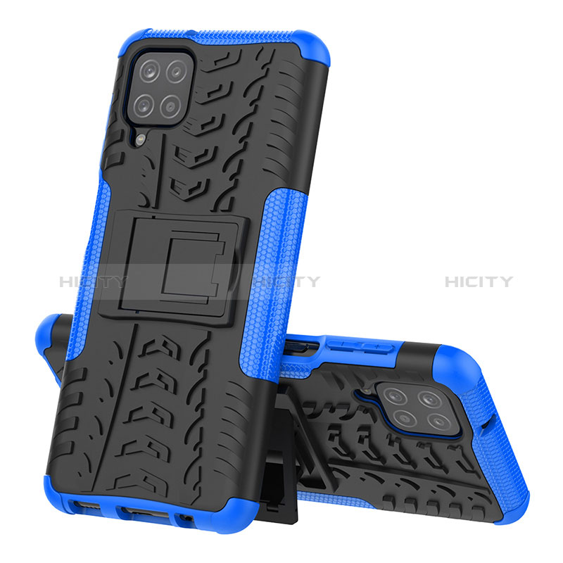 Funda Bumper Silicona y Plastico Mate Carcasa con Soporte J01X para Samsung Galaxy A12 Nacho Azul