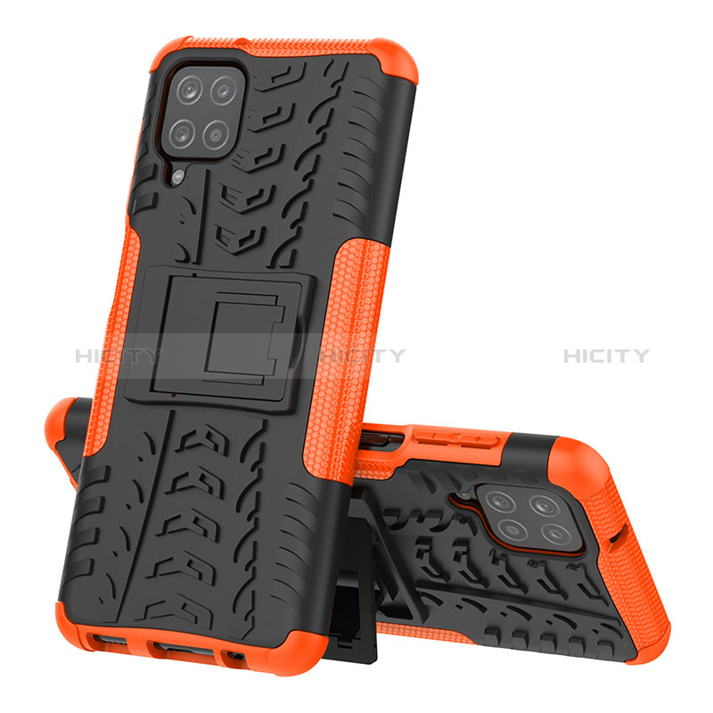 Funda Bumper Silicona y Plastico Mate Carcasa con Soporte J01X para Samsung Galaxy F12 Naranja