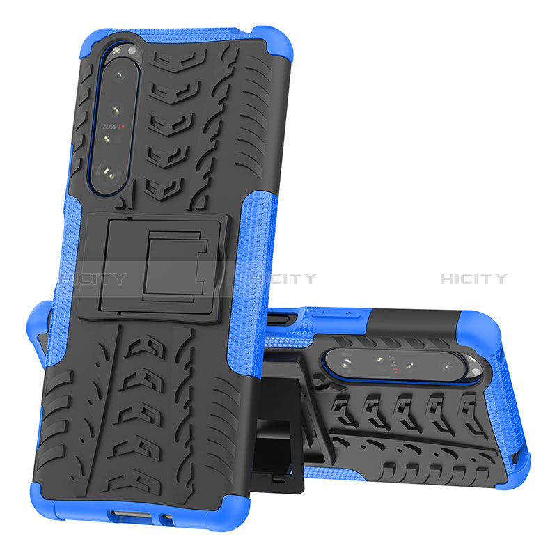 Funda Bumper Silicona y Plastico Mate Carcasa con Soporte JX1 para Sony Xperia 1 III Azul
