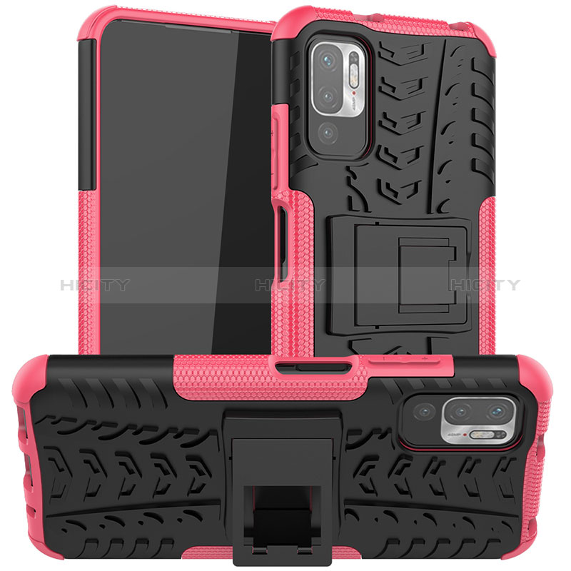 Funda Bumper Silicona y Plastico Mate Carcasa con Soporte JX1 para Xiaomi POCO M3 Pro 5G Rosa Roja