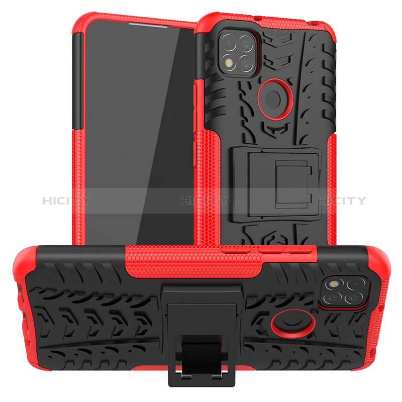 Funda Bumper Silicona y Plastico Mate Carcasa con Soporte JX1 para Xiaomi Redmi 9C NFC Rojo