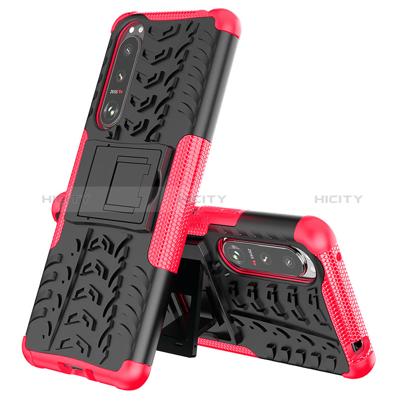 Funda Bumper Silicona y Plastico Mate Carcasa con Soporte JX2 para Sony Xperia 5 III Rosa Roja