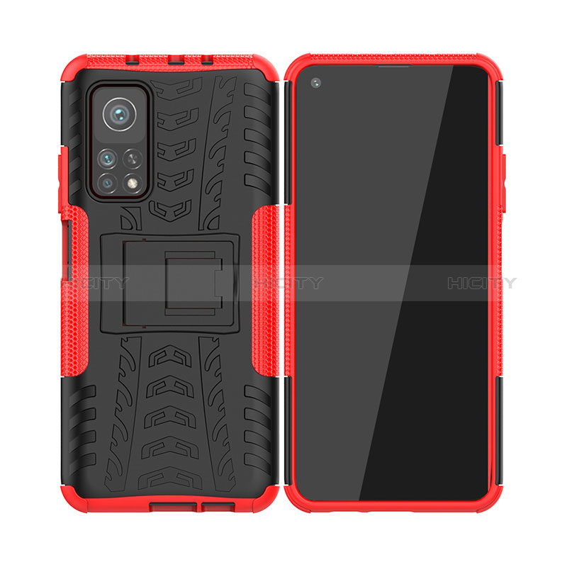 Funda Bumper Silicona y Plastico Mate Carcasa con Soporte JX2 para Xiaomi Mi 10T 5G Rojo
