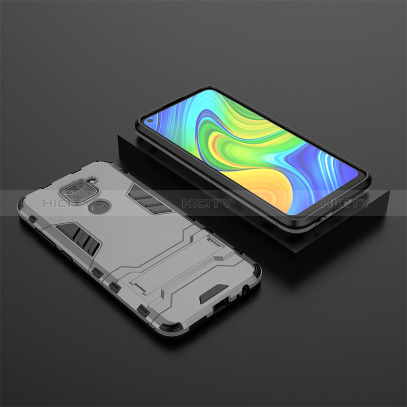 Funda Bumper Silicona y Plastico Mate Carcasa con Soporte KC1 para Xiaomi Redmi Note 9 Gris