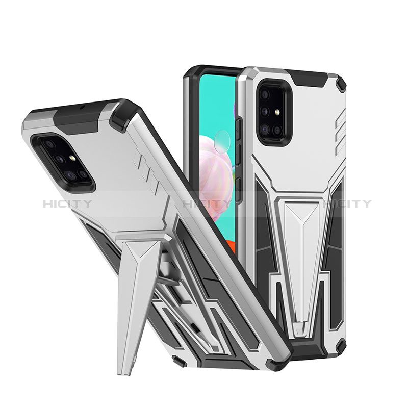 Funda Bumper Silicona y Plastico Mate Carcasa con Soporte MQ1 para Samsung Galaxy A71 4G A715 Plata