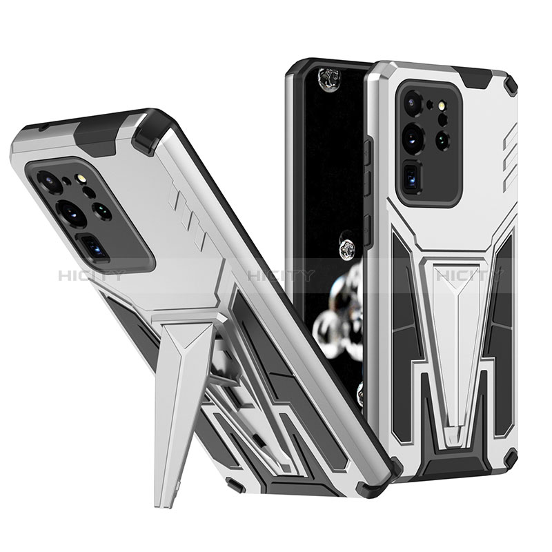 Funda Bumper Silicona y Plastico Mate Carcasa con Soporte MQ1 para Samsung Galaxy S20 Ultra Plata