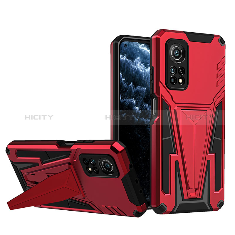 Funda Bumper Silicona y Plastico Mate Carcasa con Soporte MQ1 para Xiaomi Mi 10T 5G Rojo